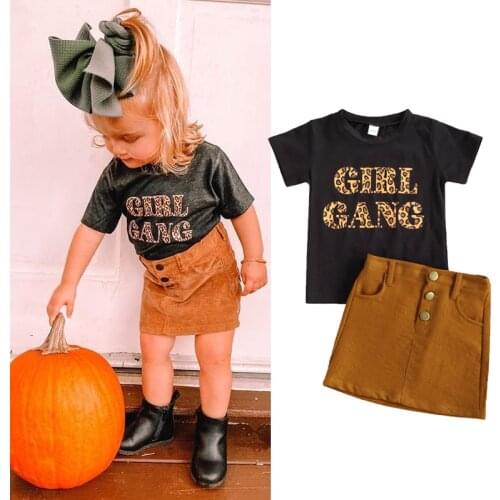 2 Pcs Toddler Baby Girls Clothes Summer Outfits Leopard Letter Print Short Sleeve Round Neck T-shirt + Solid Color Pocket Skirt