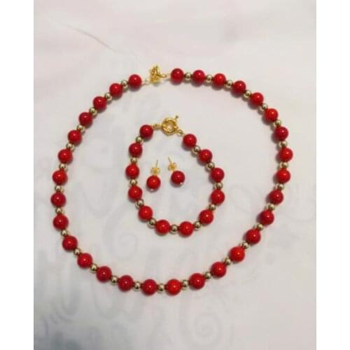 Natural Round Coral Necklace African Beads Wedding Jewelry Set 9-10mm Red Coral Jewelry Set for Women Party Gift CNR077