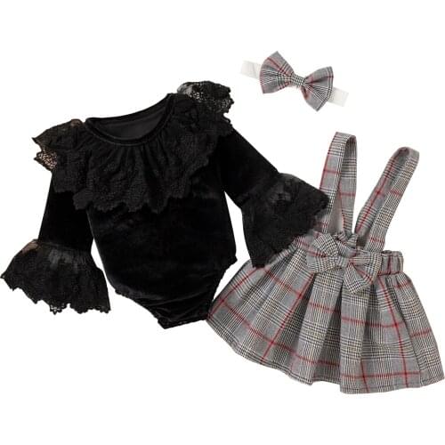 0-24M Baby Girls Clothes Set Solid Color Long Flare Sleeve Lace Romper + Plaid Suspender Bowknot Skirt with Hairband 3Pcs Outfit