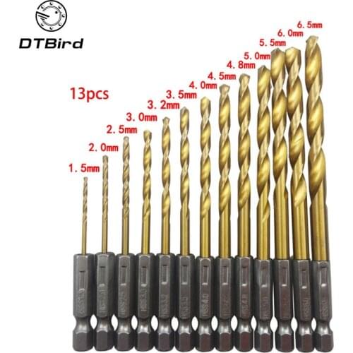13pcs HSS Drill Bit For Metal Titanium Coated Twist Drill Set 1.5 ~ 6.5mm with 1/4" Hex Shank Hex Screw Woodworking DT6