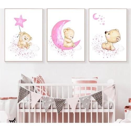 Cloud Bear Wall Painting Pink Star Moon Canvas Poster Nursery Wall Art Print Child Posters Nordic Wall Pictures Girls Room Decor