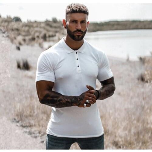 New Summer Fashion Mens Solid Short Sleeve Polo Shirts Slim Fit Turn Collar Male Gym Bodybuilding Fitness Polo Shirt plus size