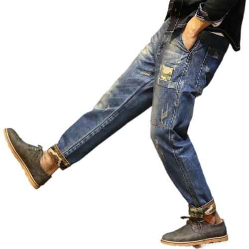 2021new jeans mens trendy pants slimming pants retro pants plus fat plus size Harem Ankle-length distressed Ripped jeans