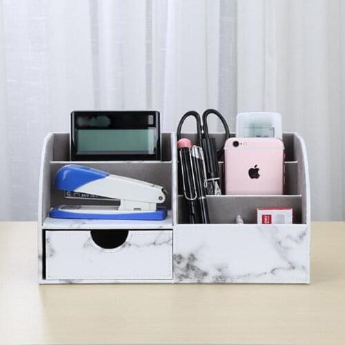 Marble Leather Office Desk Organizer Multifunctional Desktop Storage Box Business Card/Pen/Pencil/Mobile Phone/Stationery Holder