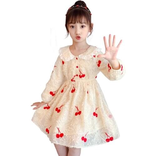 Girls Dress Cherry Pattern Party Girl Dress Casual Style Kid Dress Spring Autumn Childrens Costumes For Girls 6 8 10 12 14