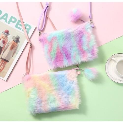 Lovable Rainbow Plush Satchel Bag Maiden Heart Single Shoulder Bag Primitive Wind Breeze Lovely Mobile Phone Bag QT3208