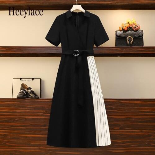 Plus size women elegant high waist patchwork long dresses office ladies korean dresses for women short sleeve women vestidos