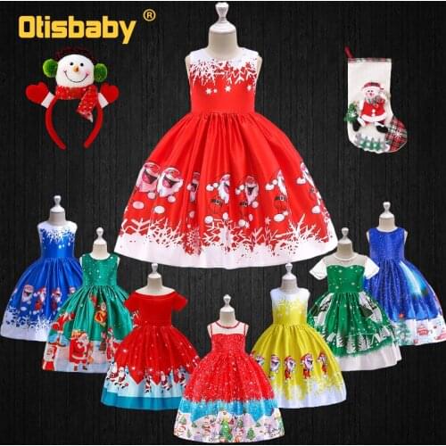 Christmas Floral Party Midi Dress for Girls Kids Cartoon Print Children Clothes Girl Formal Party Dresses New Year Kids Costume