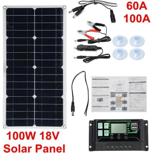 100W 18V PET Solar Panel 60A 100A Controller Kit Complete Dual USB Solar Energy Power Bank Phone Battery For Outdoor Camping