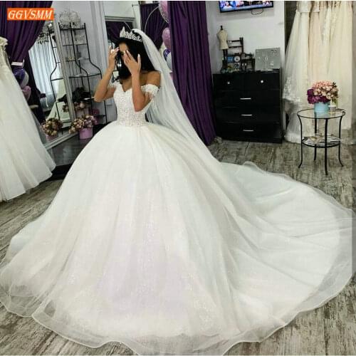Delicate African White Wedding Gowns Off Shoulder Sequin Beaded Saudi Arabia Bridal Dress Long 2020 Custom Made Wedding Dresses