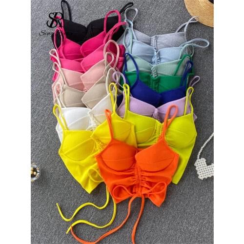 SINGREINY Women Drawstring Strap Crop Tops Sexy Sleeveless V Neck Slim Y2K Tops 2021 Summer Korean Off Shoulder Short Camisole