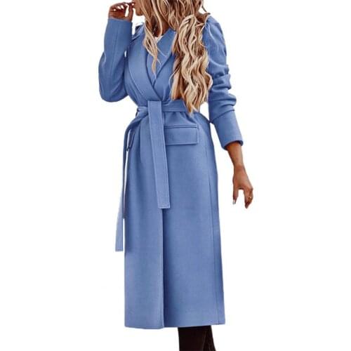 Autumn Winter Fashion Slim Belt Lady Coat Jacket Solid Color Cardigan Thick Turn-down Collar Long Loose Hem Women Jacket for Wor