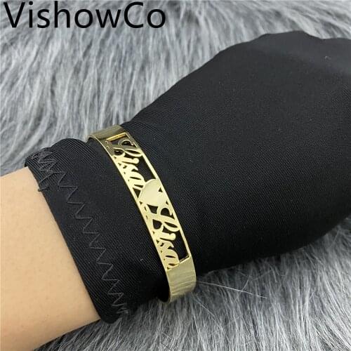 VishowCo Customized Letter Name Bracelet Personalized Custom Bangles Women Men Rose Gold Stainless Steel Chrismas Jewelry Gift
