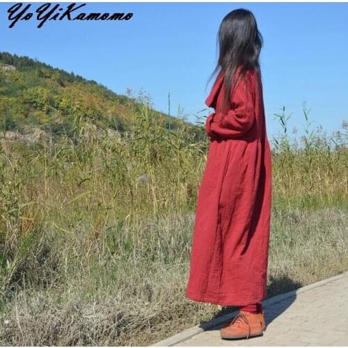 YoYiKamomo Cotton Linen Maxi Women Dress 2017 Autumn Winter Original Solid Color Loose Casual Brief Women Robes