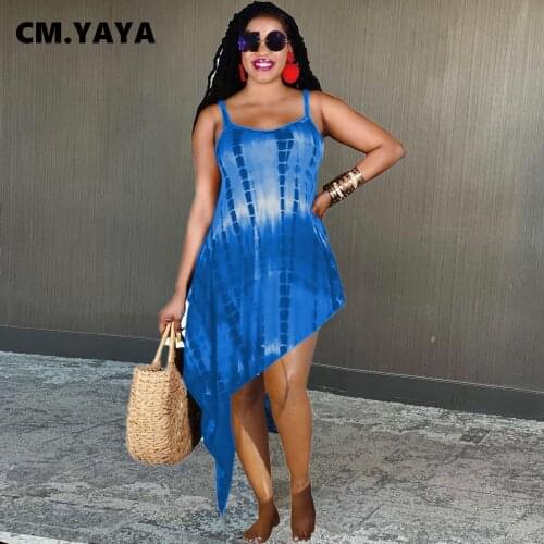 CM.YAYA Women Maxi Dress Print Sleeveless Strap O-neck Asymmetrical Long Midi Dresses Sexy Night Club Party Vestidos Summer 2021