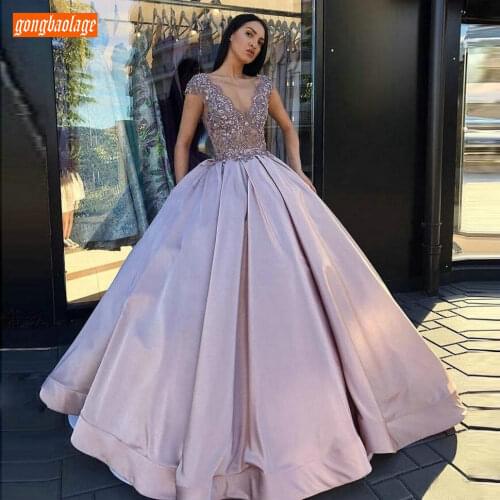 Sexy V Neck Prom Dresses Long 2021 Lace Applique Satin Ball Gown vestidos de fiesta Zipper Custom Made Women Formal Party Gowns