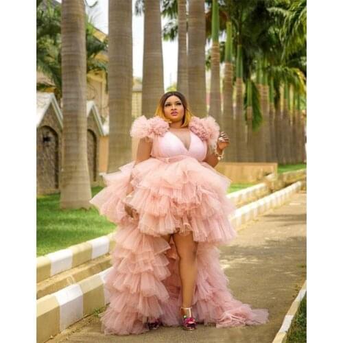 Plus Size Hi Lo Prom Dresses V Neck Multilayered Ruffles Split Floor Length Evening Dress Custom Made Short Sleeves Party Gown