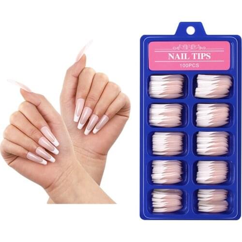 100Pcs Full Cover French Nail Tips with Box Long Coffin Pink and White Fake Nail Art Press on Tips Manicure Supplies 2021