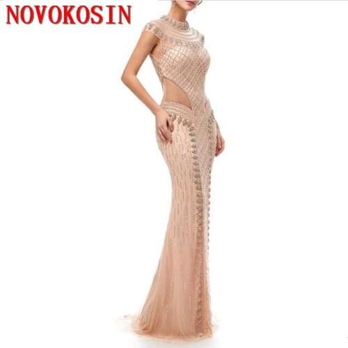 2019 Sample Mermaid Beaded Rhinestones Sexy Sparkly Prom Party Dress Dubai Hollow Out Waist Backless Illusion Dress Evening Gown