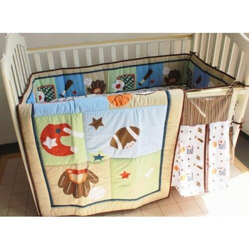 Promotion! 5PCS embroidery cot baby bedding set cotton curtain crib bumper ,include(bumper+duvet+bed cover+bed skirt+diaper bag)