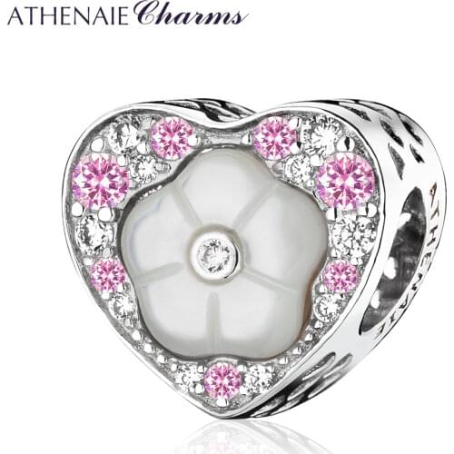 ATHENAIE Authentic 925 Sterling Silver Multi-Colored CZ Heart Shape Flower Pink Charms Beads fit Bracelet Jewelry Valentine Day