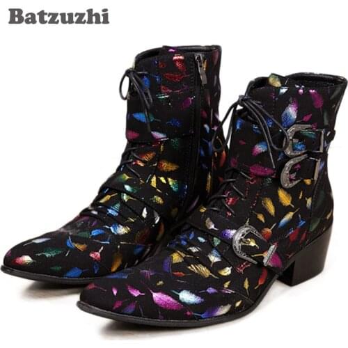 Batzuzhi Western Rock Fashion Men Boots Mid-Calf Motocycle Boots Men Stylist Pointed Iron Toe Black Suede Leather Boots Men, 46