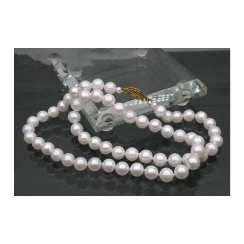 Noble jewelry 7-7.5mm AAA+ round white akoya pearl necklace 14K yellow gold 18"
