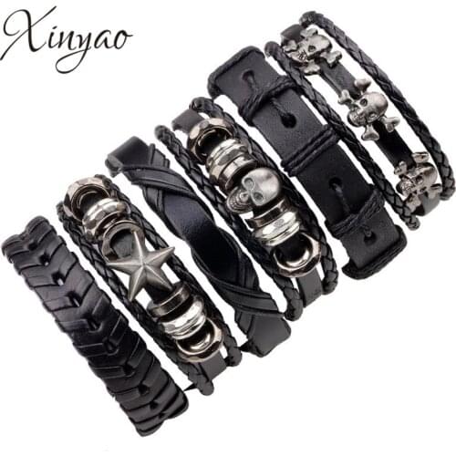 XINYAO Black Wristband Genuine Leather Charm Bracelet Sets Men Jewelry Punk Vintage Braided Leather Bracelet For Men Male