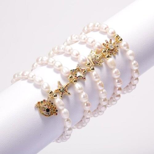 Natural freshwater pearl beads pave gold color zircon crown sun star tiny pendant bracelet for woman charm jewelry gift 2020