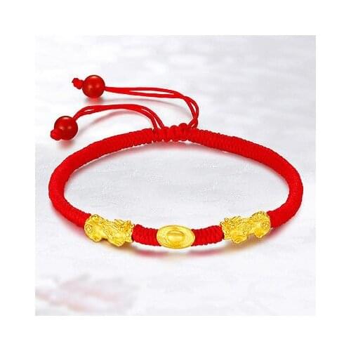 Pure 24K Yellow Gold Pixiu with Yuanbao Bead Knitted Bracelet 16cm
