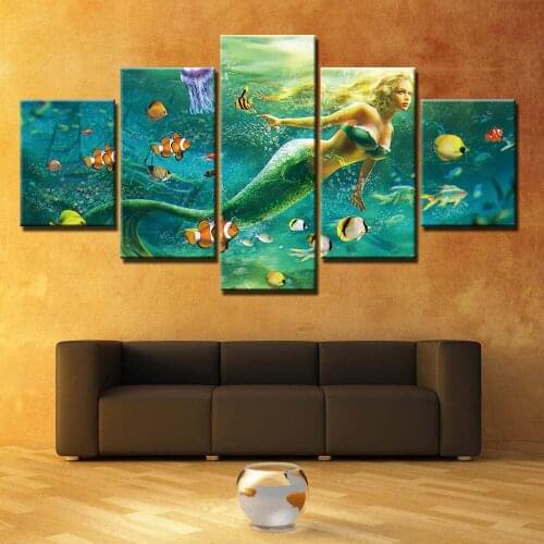Home Decoration Wall Art Canvas Mermaid Paintings Clownfish Pictures Hd Prints Modern 5 Pieces Poster Bedroom Modular Framework