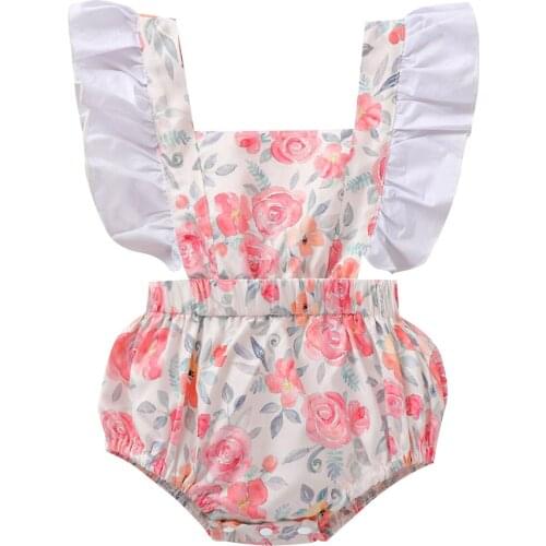 Toddlers Baby Girl Flower Printing Romper Flying Sleeve High Waist Square Neck Jumpsuit Summer Clothes