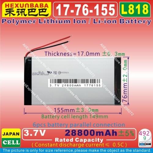 [L818] 3.7V,28800mAh [1776155] PLIB (polymer lithium ion battery ) Li-ion battery for tablet pc,GPS,e-book,speaker