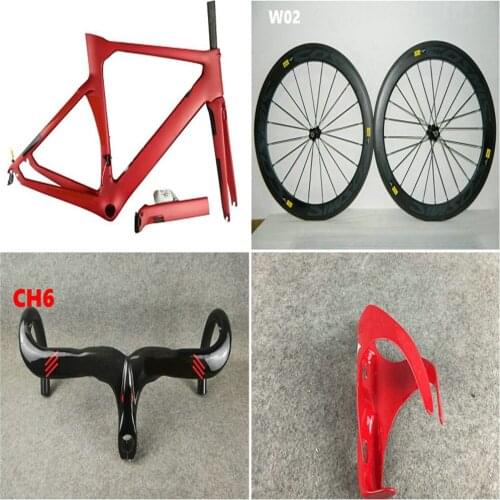 Customize logo All Red Concept Road Carbon Frame Matte + 60mm wheelset Carbon Handlebar Bottle Cages