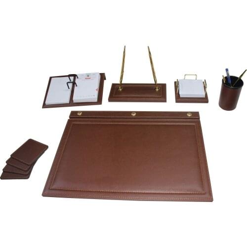 Office Desk Pad Set Brown Modern Design 7 Pcs Notepad Organizer Dual Pen Holder & 2 Pens Pen Holder 4 Coasters File Storage