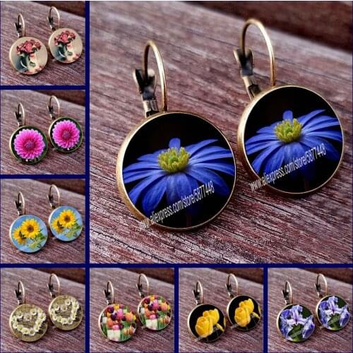 National flower rose carnation peony pomegranate flower cherry cornflower water lily tulip iris ladies glass cabochon earrings