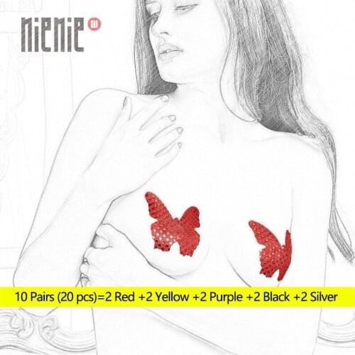 Women Sexy Disposable Self Adhesive Pasties 10 pairs (20Pcs)Butterfly Shape Breast Stickers Sequins Nipple Cover Bra Pad Pasties
