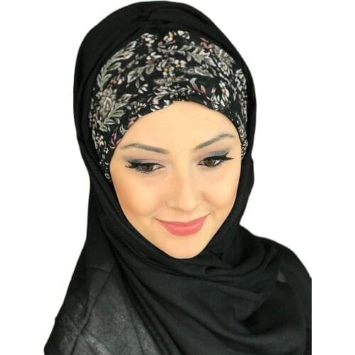New Fashion 2021 Hijab Islamic Clothing Turban Women Hat Spring Summer Season Scarf Black Leaf Pattern Shirred Ready Shawl