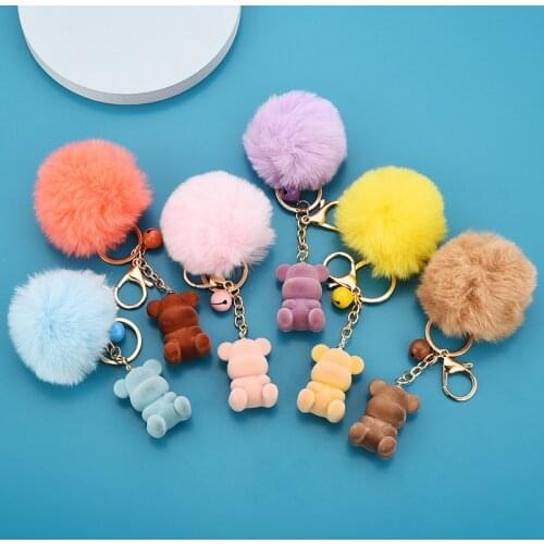 New Women Fur Key chain Car Keychain Sitting Flocking Bear Keychain Bag charm Cute Car Key Ring Jewelry K4202