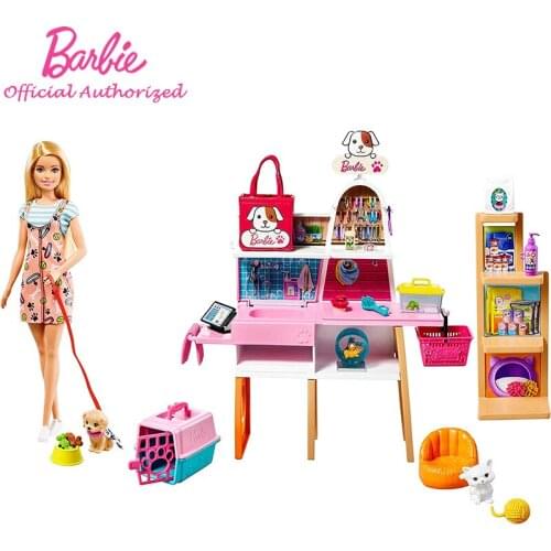 Original Barbie Brand Pet Puppy Shop Kid Toy Pretend Doll Accessories Funny Playset For Children Birthday Gift GRG90 Box