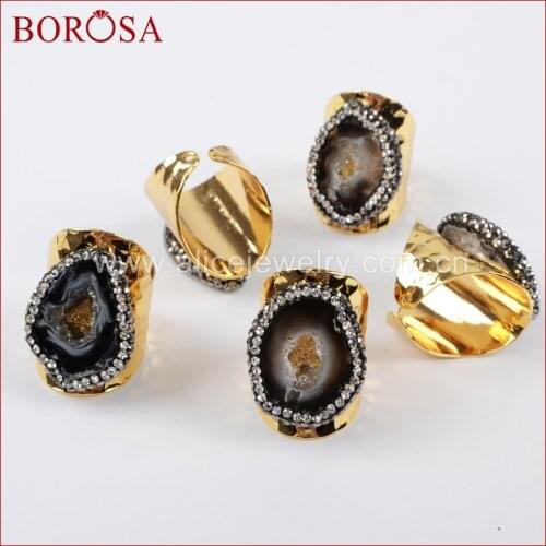 BOROSA Druzy Crystal Onyx Stone Gold Plated Band Ring Crystal Rhinestone Paved Cuff Ring, Freeform Onyx Stone Gems Ring JAB760