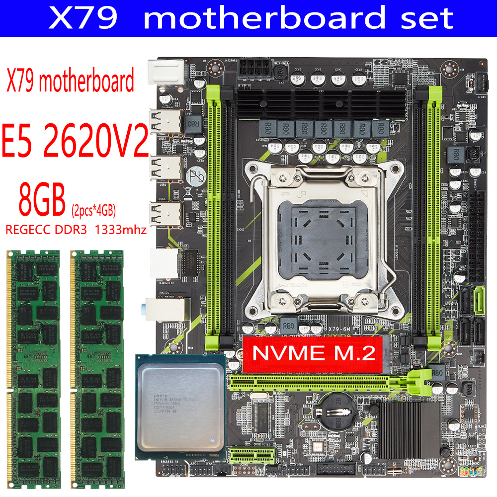X79 motherboard combo kit set X79 chipset LGA 2011 E5 2620 V2 CPU 2pcs x 4GB = 8GB DDR3 1333Mhz ECC Memory