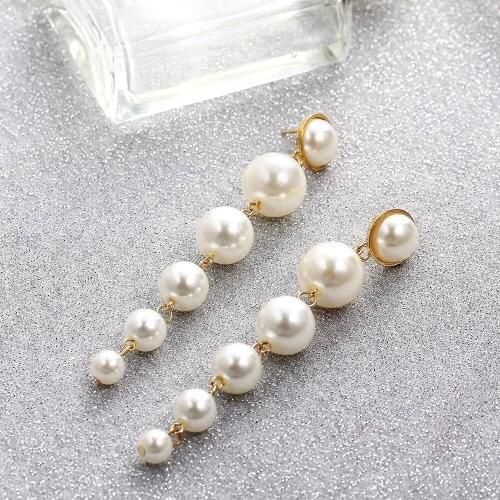 Big Simluated Pearls Long Drop Earrings for Women Pear String Statement Dangle Earrings Wedding Party Elegant Creative Q-173