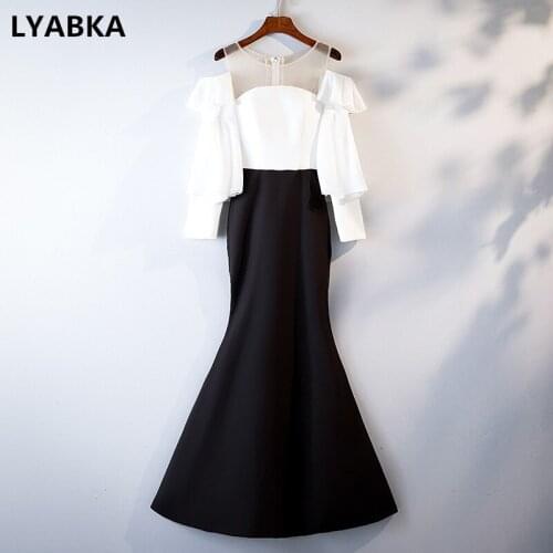 High Quality Evening Dress Long Sleeve 2019 Fashion Formal Dress White And Black Scoop Neck Mermaid Evening Dresses Long Dress