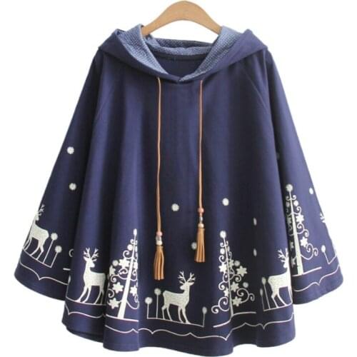 Bat Sleeved Women Hooded Jackets Coat 2021 Winter Vintage Batwing Sleeve Cartoon Print Casual Ladies Basic Drawstring Outwears