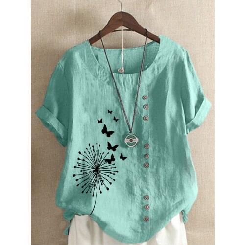 Women 's Summer Dandelion Butterfly Printed Short Sleeve Round Neck T-shirt Ladies Casual Linen Shirts Plus Size Tops