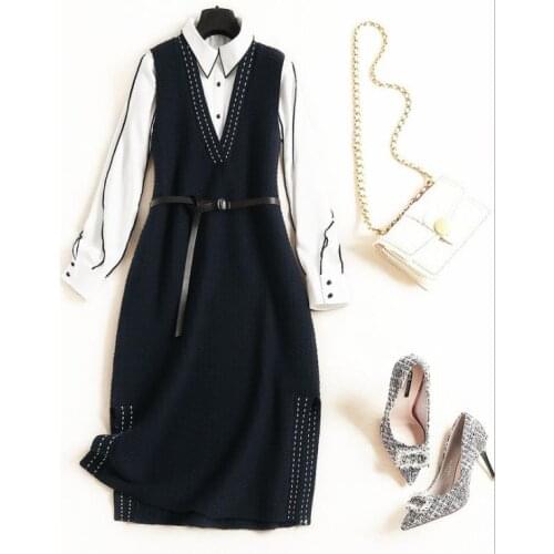 European and American womens 2018 winter clothing new Long sleeve white shirt + Knit vest dresses two-piece