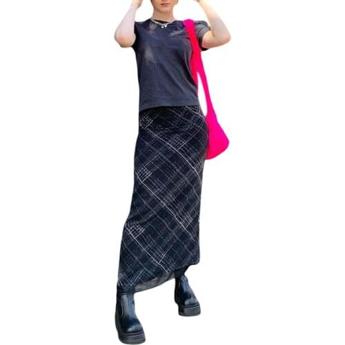 2021 Ladies Romantic Vacation Style Casual Long Skirt Black Double-Layer Plaid Print High Waist Tight-Fitting Long Skirt Female