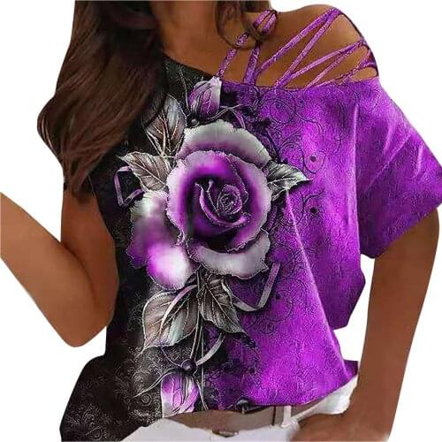 One Side Shoulder Womens Tops And Blouses Womens Rose Print Cut-out One-neck Short-sleeved Blouse Blusas Mujer De Moda 2021