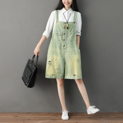 Women Bleached Holes Ripped Playsuits Knee Length Pants Denim Ladies Vintage Scratched Buttons Playsuits Thin Summer Playsuits